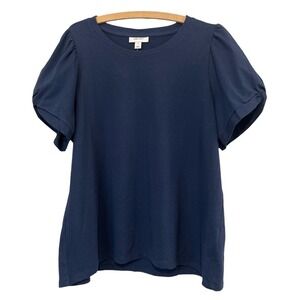 On 34th Puff Sleeve Crew Neck Top Pull Over, Women's, Color Navy Blue, Size 1X